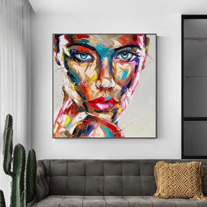 Hand-Painted Abstract Face Oil Painting on Canvas – Modern Wall Art for Living Room