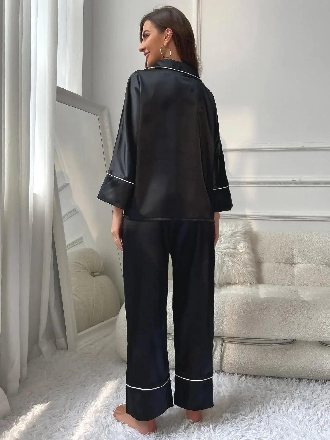 Women’s Silk Satin Pajama Set – Notched Collar Top & Wide-Leg Sleepwear