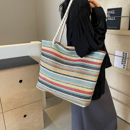Women’s Rainbow Woven Tote Bag – Large Capacity