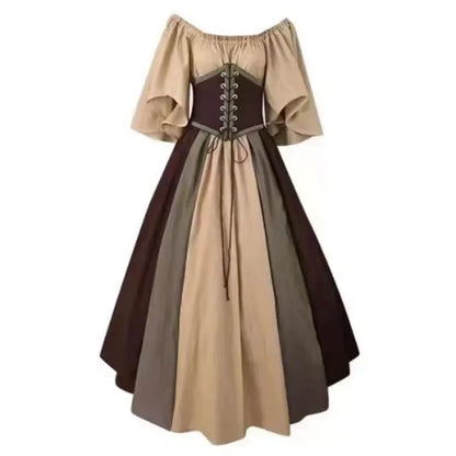 Halloween Costumes for Women Medieval Retro Contrasting Color Slim Swing Dress One-word Shoulder Dress Love Live Cosplay