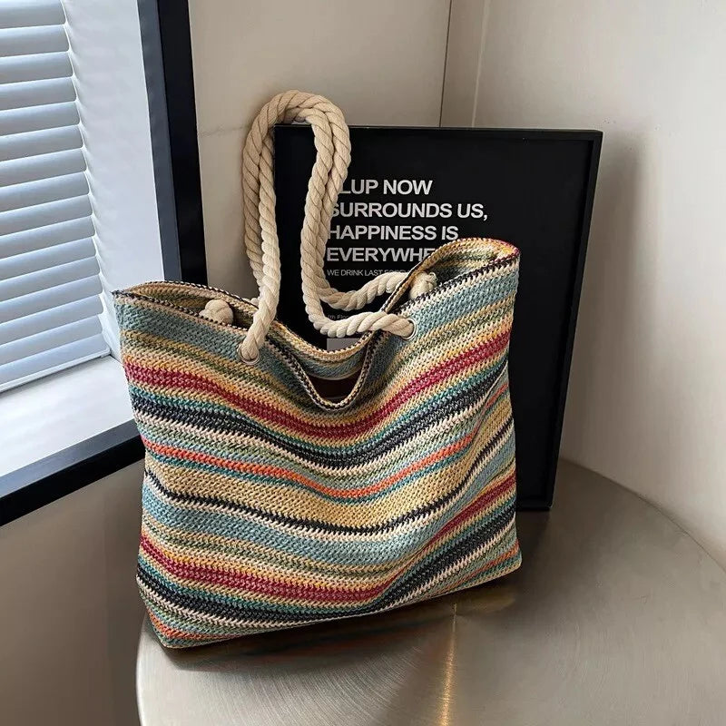 Women’s Rainbow Woven Tote Bag – Large Capacity