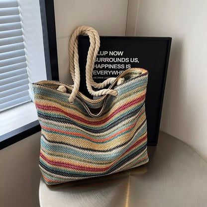 Women’s Rainbow Woven Tote Bag – Large Capacity