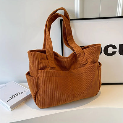 Women’s Corduroy Striped Tote Bag – Large Capacity Shoulder Handbag