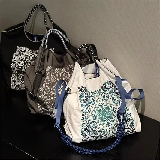 Women’s Japanese Style Embroidered Nylon Shoulder Bag – Large Capacity