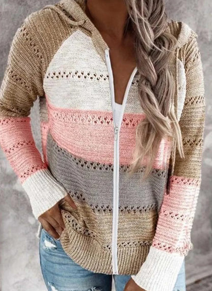 Women’s Striped Hooded Zipper Knit Cardigan