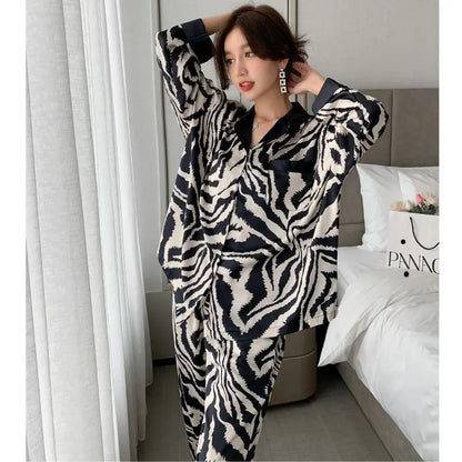 Women’s Satin Pajama Set – Luxury Long Sleeve Zebra Stripe Sleepwear