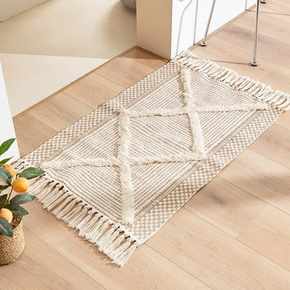 Pure Hand-Woven Tufted Cotton-Linen Floor Mat – Elegant Plaid Design