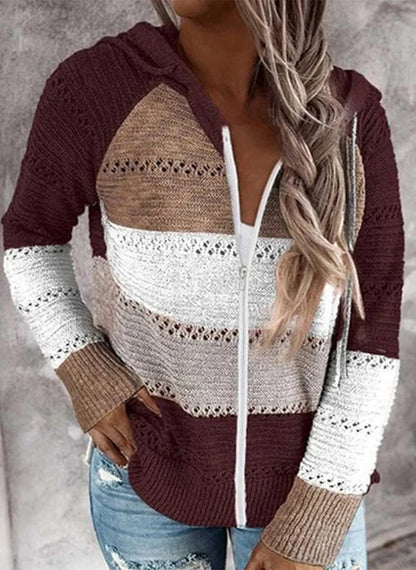 Women’s Striped Hooded Zipper Knit Cardigan