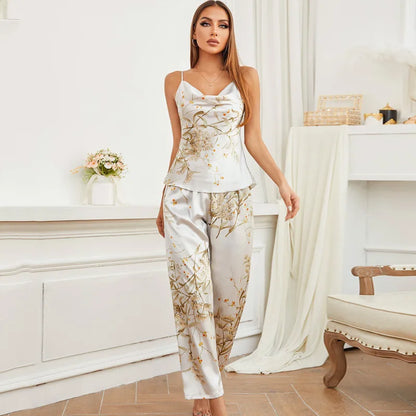 Women’s Suspender Pajama Set – Cherry Print Silk Rayon Sleeveless Sleepwear