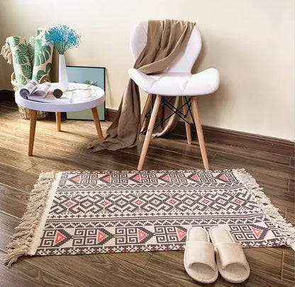 Boho Nordic Black White Geometric Cotton Linen Rug