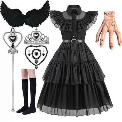 Halloween Hot American TV Series Black Wen. Girl Cosplay Horror Dress Set Easter Party Clothing +Fake hands + Sock Set 3-10Y
