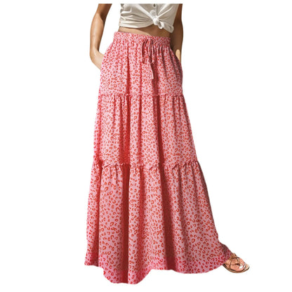 Women’s Boho Chiffon High-Waist Skirt – Long Swing with Pockets & Lace-Up