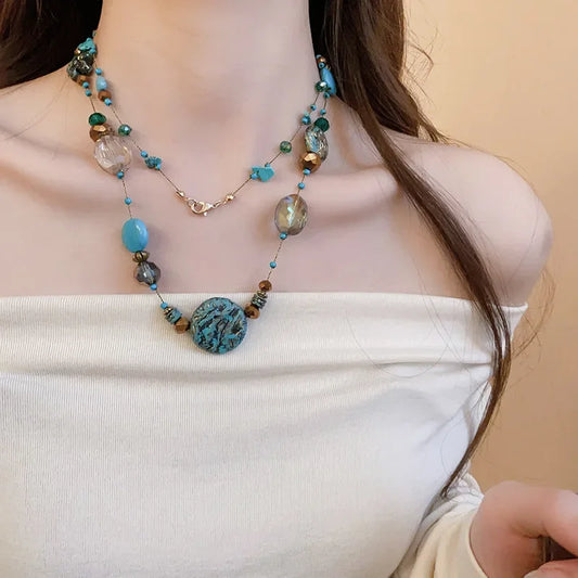 Women’s Ethnic Beaded Necklace – Stacked Artificial Stone