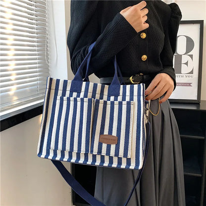 Women’s Striped Canvas Shoulder Bag – Trendy Large Capacity Crossbody Tote