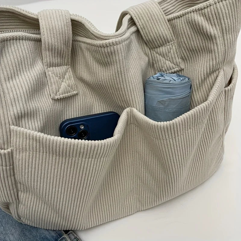 Women’s Corduroy Striped Tote Bag – Large Capacity Shoulder Handbag