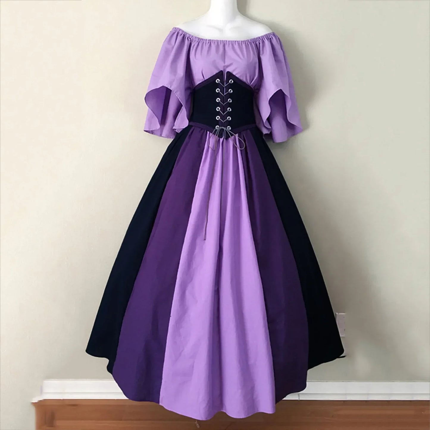 Halloween Costumes for Women Medieval Retro Contrasting Color Slim Swing Dress One-word Shoulder Dress Love Live Cosplay