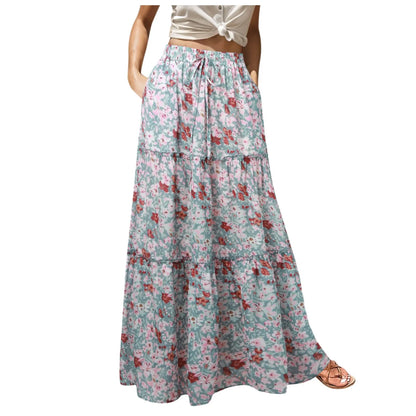 Women’s Boho Chiffon High-Waist Skirt – Long Swing with Pockets & Lace-Up