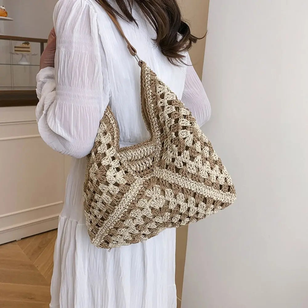 Women’s Summer Straw Crochet Shoulder Bag – Casual Beach Travel Handbag