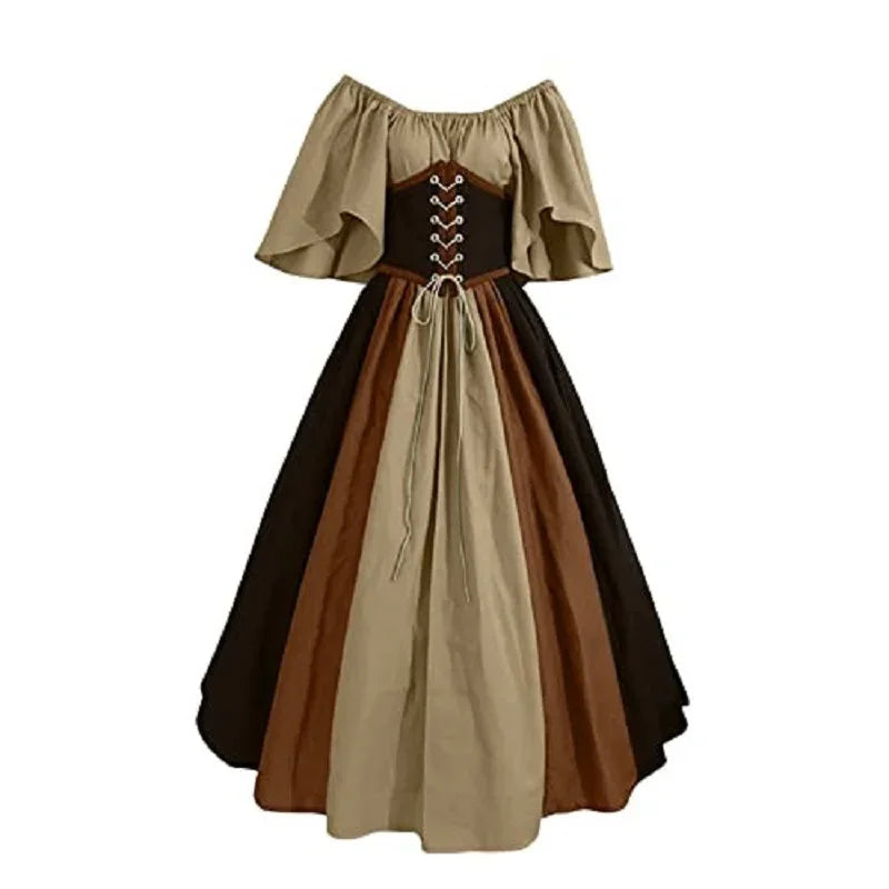 Halloween Costumes for Women Medieval Retro Contrasting Color Slim Swing Dress One-word Shoulder Dress Love Live Cosplay
