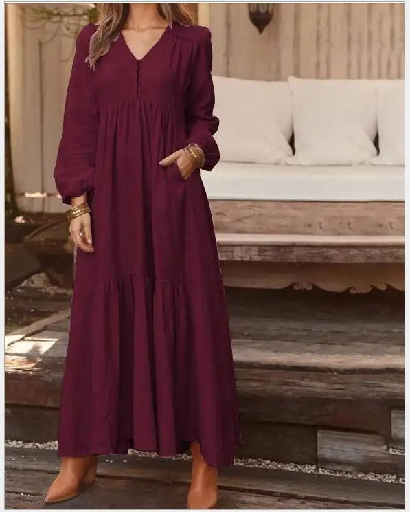 Women’s Cotton Linen Button-Up Dress – Retro Long Sleeve Casual