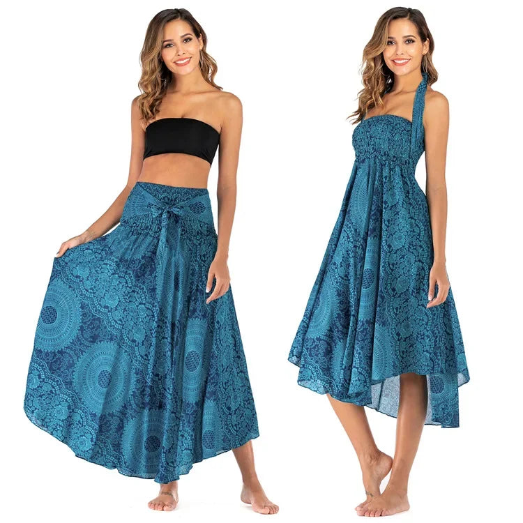 Women’s Boho Floral Long Skirt – Elastic Waist Casual Faldas