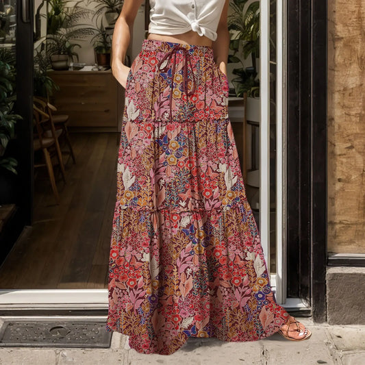 Women’s Boho Chiffon High-Waist Skirt – Long Swing with Pockets & Lace-Up