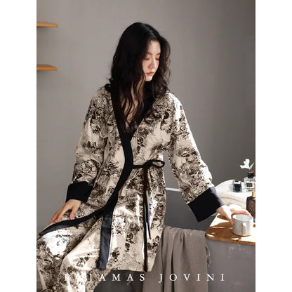 Women’s 3-Piece Cotton Pajama Set – Long Sleeve Kimono Nightgown