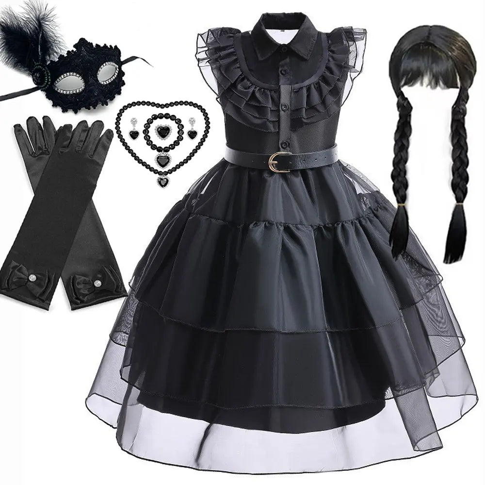 Halloween Hot American TV Series Black Wen. Girl Cosplay Horror Dress Set Easter Party Clothing +Fake hands + Sock Set 3-10Y