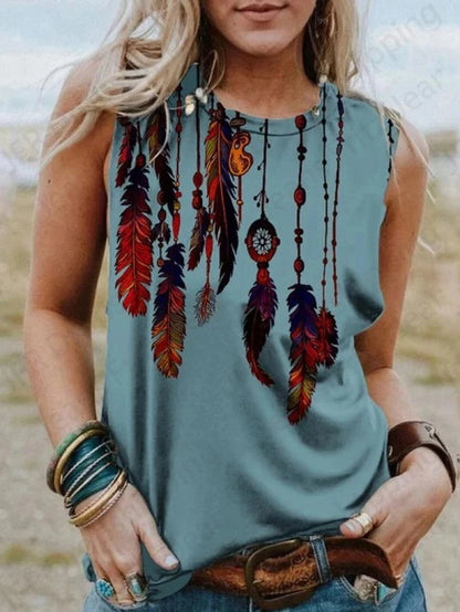 Feather Print Tank Tops Women's Fashion Sleeveless Vest Sexy Casual Vintage Tanks Top Casual Crew Neck Tops Womens Clothing 2024