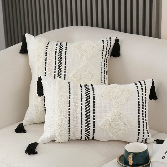 Striped Pillow Cover with Tassels  Woven Lumbar