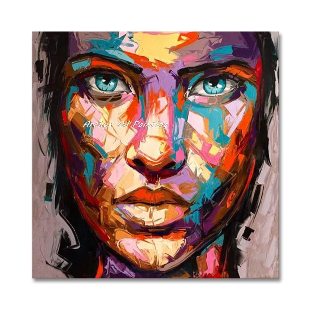 Hand-Painted Abstract Face Oil Painting on Canvas – Modern Wall Art for Living Room