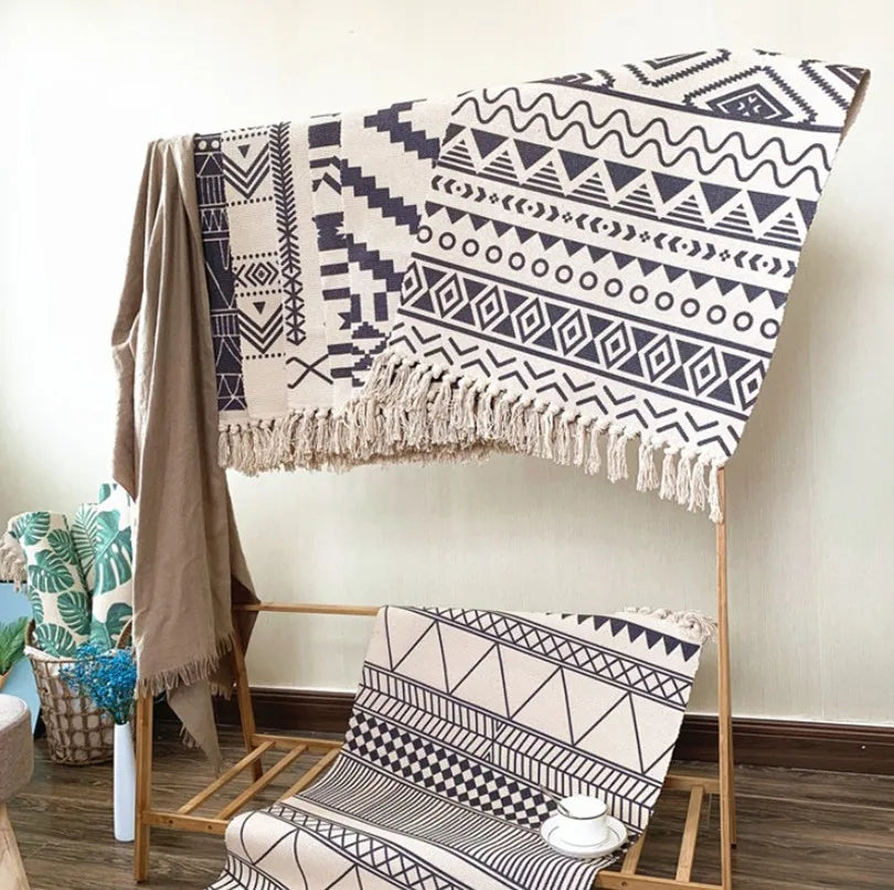 Boho Nordic Black White Geometric Cotton Linen Rug