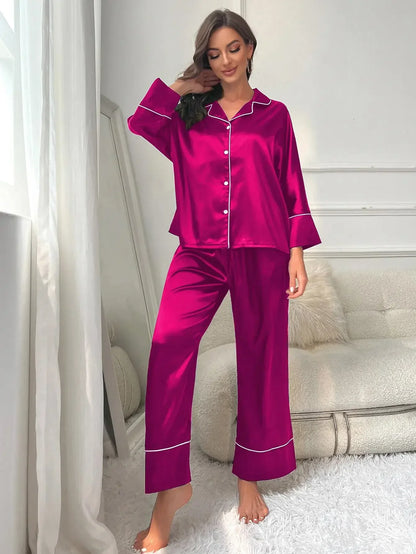Women’s Silk Satin Pajama Set – Notched Collar Top & Wide-Leg Sleepwear