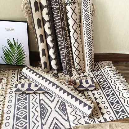 Boho Nordic Black White Geometric Cotton Linen Rug