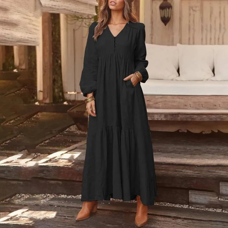 Women’s Cotton Linen Button-Up Dress – Retro Long Sleeve Casual