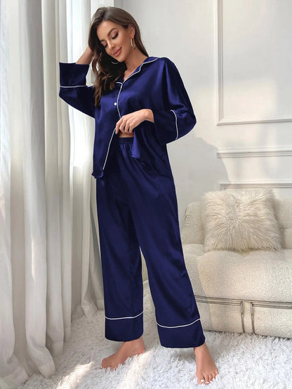 Women’s Silk Satin Pajama Set – Notched Collar Top & Wide-Leg Sleepwear