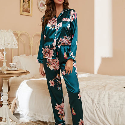 Women’s Satin Pajama Set – Long Sleeve Button-Up Top & Pants Loungewear
