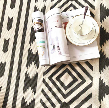 Boho Nordic Black White Geometric Cotton Linen Rug
