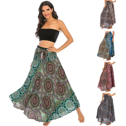 Women’s Boho Floral Long Skirt – Elastic Waist Casual Faldas