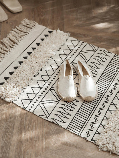 Pure Hand-Woven Tufted Cotton-Linen Floor Mat – Elegant Plaid Design