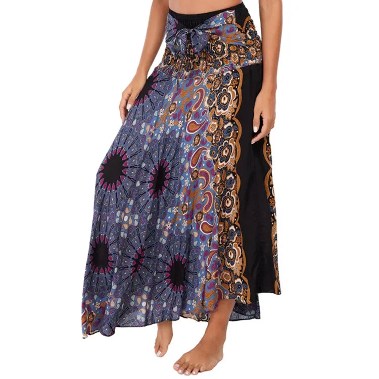 Women’s Boho Floral Long Skirt – Elastic Waist Casual Faldas