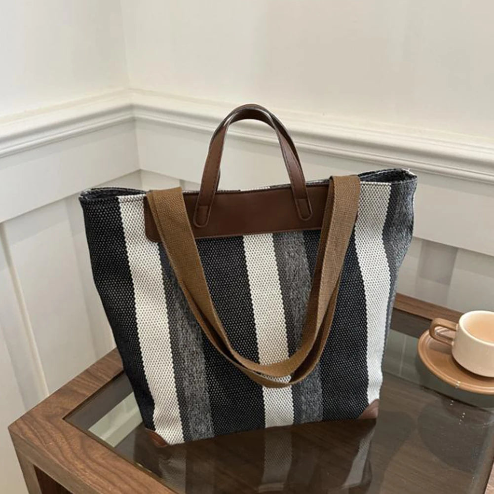 Women’s Striped Canvas Hobo Shoulder Bag – Zipper Bucket Tote for Daily & Travel Use