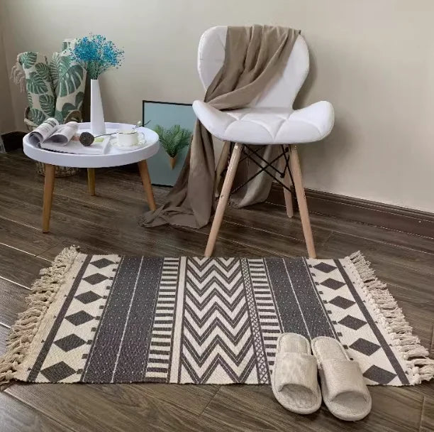Boho Nordic Black White Geometric Cotton Linen Rug