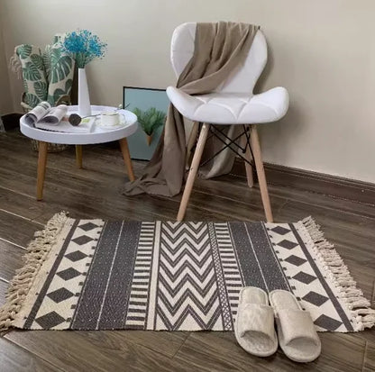 Boho Nordic Black White Geometric Cotton Linen Rug