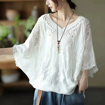 Women’s Cotton Batwing Sleeve Loose T-Shirt – Hollow Out Top