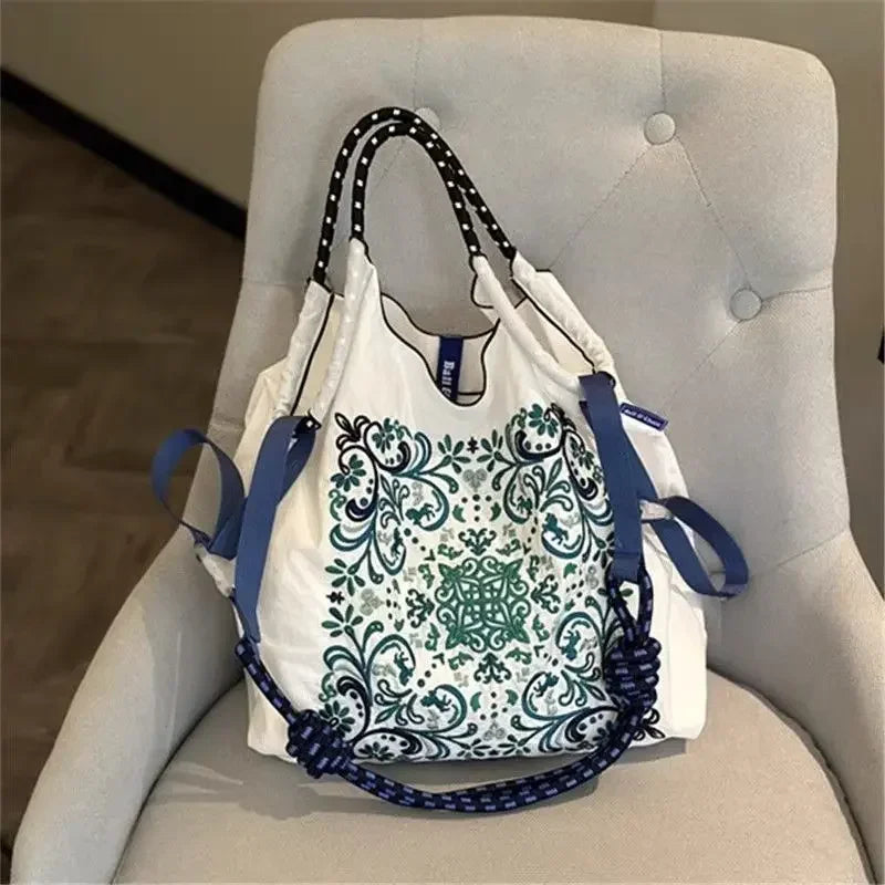 Women’s Japanese Style Embroidered Nylon Shoulder Bag – Large Capacity