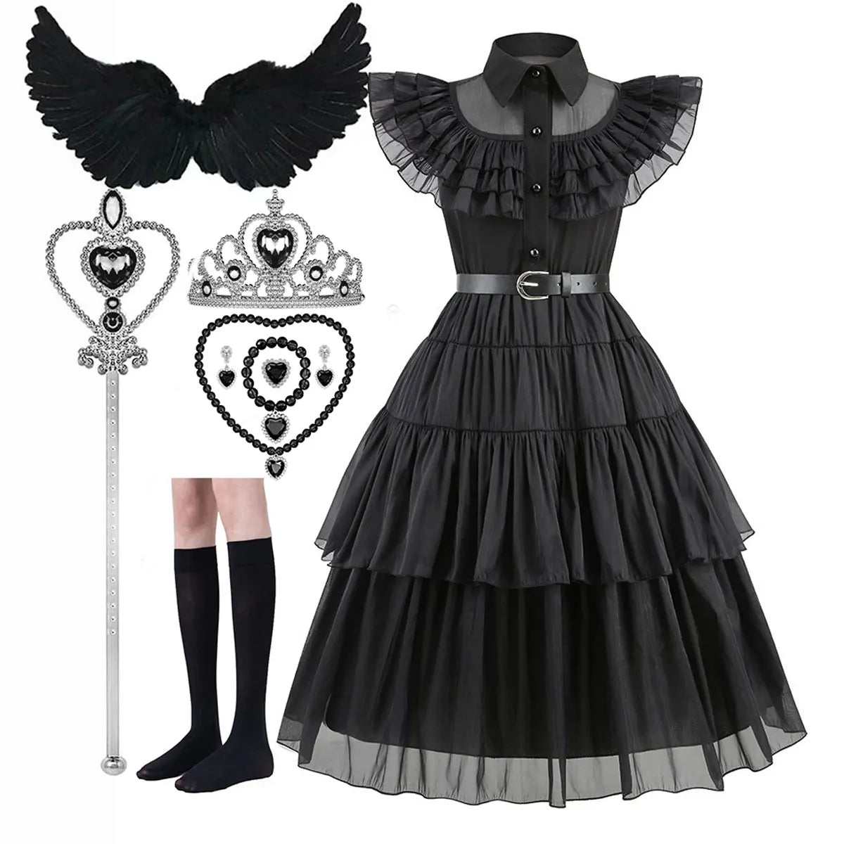 Halloween Hot American TV Series Black Wen. Girl Cosplay Horror Dress Set Easter Party Clothing +Fake hands + Sock Set 3-10Y