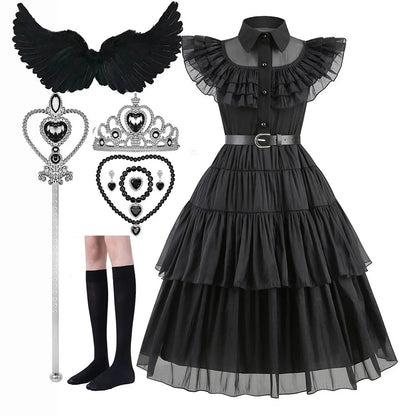 Halloween Hot American TV Series Black Wen. Girl Cosplay Horror Dress Set Easter Party Clothing +Fake hands + Sock Set 3-10Y