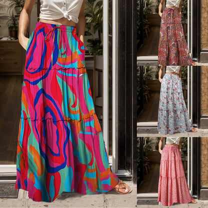 Women’s Boho Chiffon High-Waist Skirt – Long Swing with Pockets & Lace-Up
