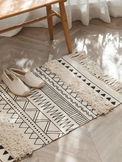Pure Hand-Woven Tufted Cotton-Linen Floor Mat – Elegant Plaid Design